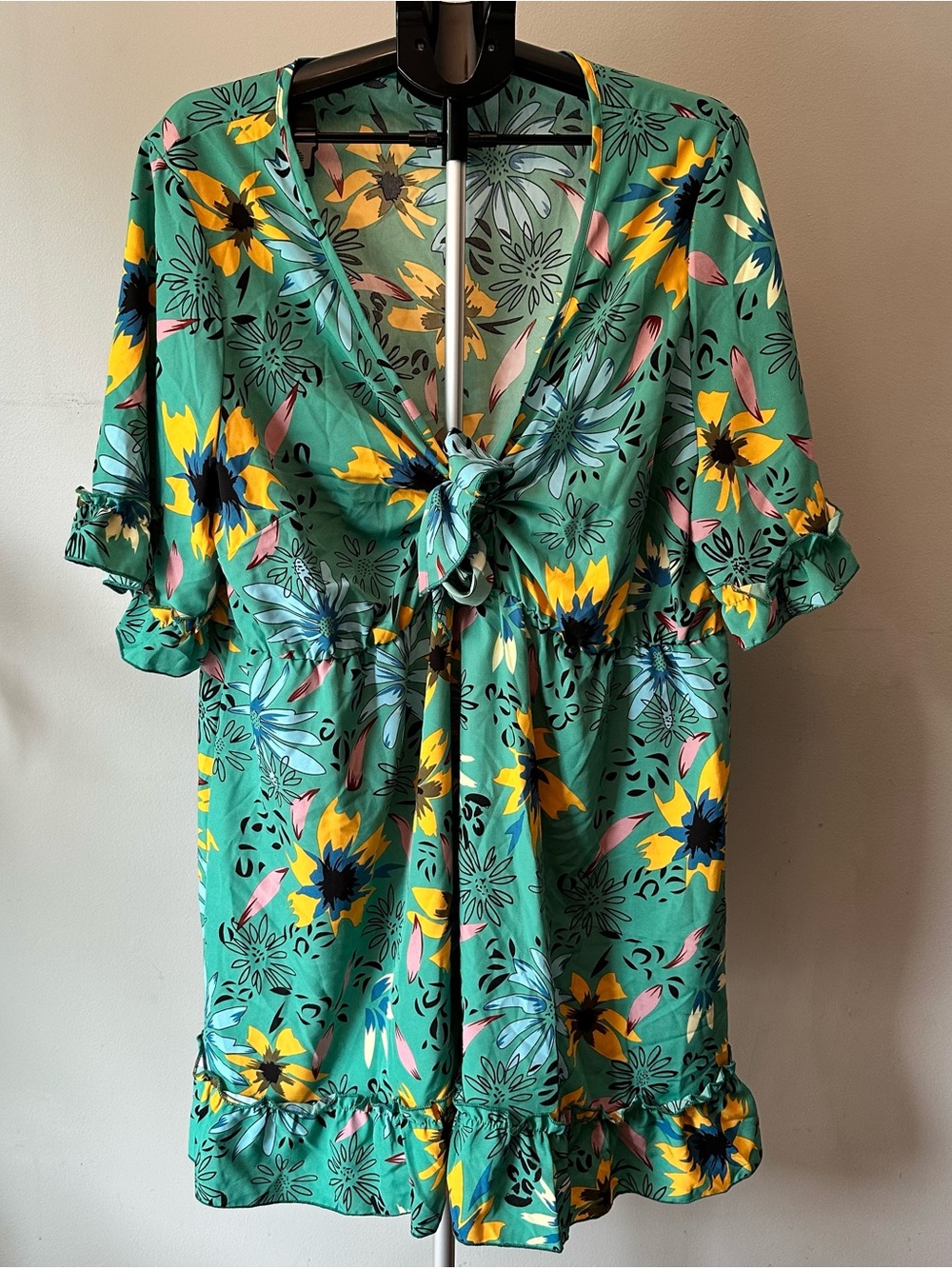 SHEIN Green Floral Tie-Front Dress with Yellow & Pink Accents 5XL